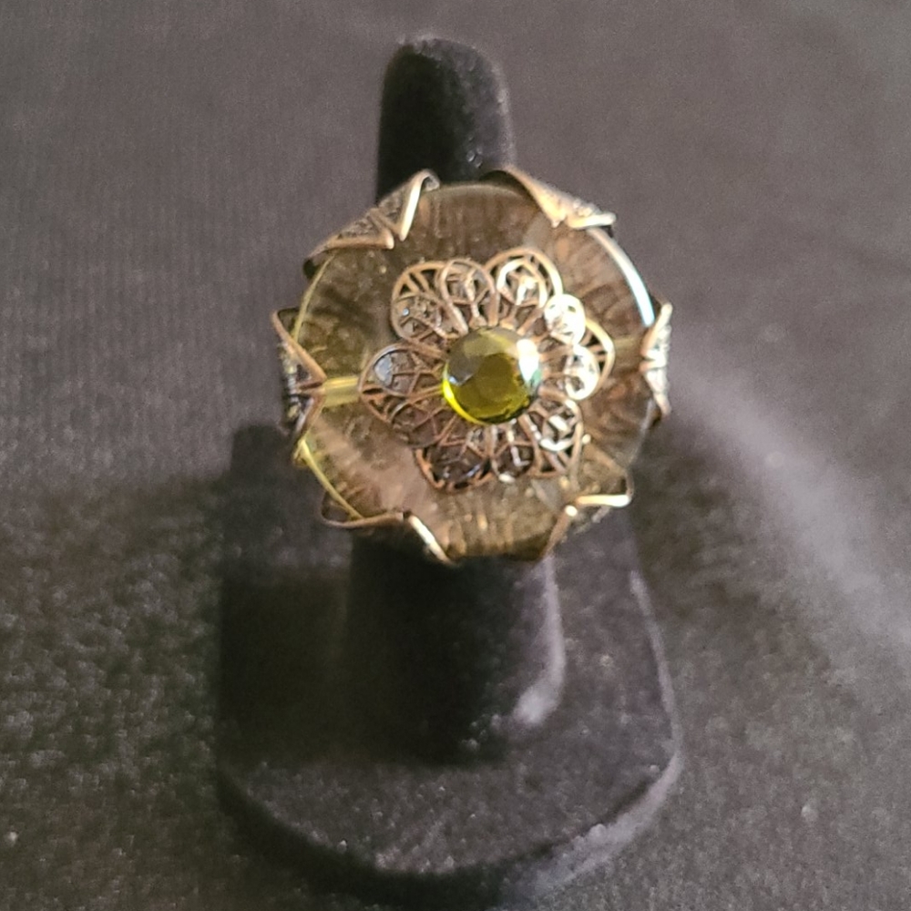 Dark Brass Stretch Ring with Dark Green Stones